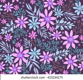 Cute pattern in small flower. Small purple flowers. Dark violet background. Spring floral background. The elegant the template for fashion prints.