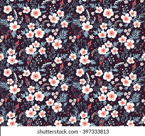 Cute Pattern In Small Flower. Small White Flowers.  Black Background. Seamless Floral Pattern.