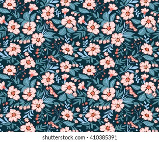 Cute pattern in small flower. Small white flowers. Dark blue background. Spring floral background. The elegant the template for fashion prints.
