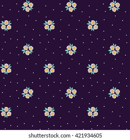 Cute pattern in small flower. Small white flowers. Dark blue background. Spring floral background. The elegant the template for fashion prints.