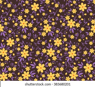 Cute pattern in small flower. Small yellow flowers. Purple background