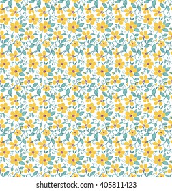 Cute pattern in small flower. Small yellow flowers. White background. Small cute simple spring flowers.