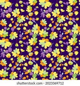 Cute pattern in small flowers with eucalyptus. Small pink, yellow, orange flowers. Exotic purple background. Drawn seamless floral pattern, texture, print.