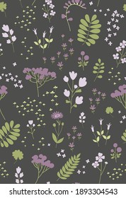Cute pattern in small flowers. Floral seamless pattern. Garden flowers, plants and leaves. Folk style. Hand drawn vector stock illustration. 