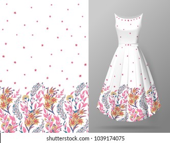 Cute pattern in small flowers and herbs. Seamless vertical background. An example of the pattern of the dress mock up. Vector illustration. Delicate colors plants on white background