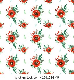 Cute pattern with small red flower. Small colorful flowers. White background. Ditsy floral background. The elegant the template for fashion prints