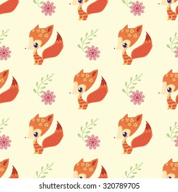 Cute pattern with a small red fox on a yellow background.