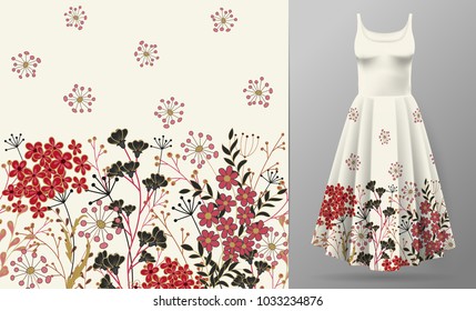 Cute pattern in small simple flowers. Seamless background and seamless border. An example of the pattern of the dress mock up. Vector illustration. Red black on white.