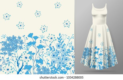 Cute pattern in small simple flowers. Seamless background and seamless border. An example of the pattern of the dress mock up. Vector illustration. Blue on white.