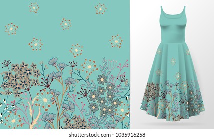 Cute pattern in small simple flowers. Seamless background and seamless border. An example of the pattern of the dress mock up. Vector illustration. Blue and brown