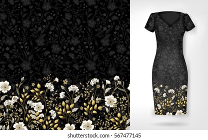 Cute Pattern In Small Simple Flowers. Seamless Background And Seamless Border On Different File Layers. An Example Of The Pattern Of The Dress Mock Up. Vector Illustration. Gold And White On Black