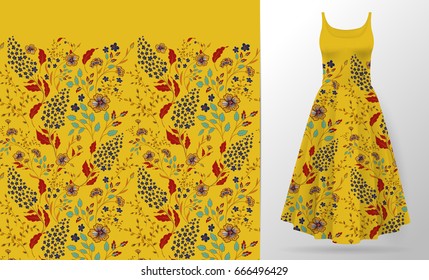 Cute pattern in small simple flowers. Seamless background and seamless border on different file layers. An example of the pattern of the dress mock up. Vector illustration. Red blue on yellow.
