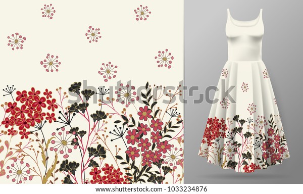 小さな単純な花でかわいい柄 シームレスな背景とシームレスな境界 ドレスの模写の例です ベクターイラスト 白い背景に赤い黒 のベクター画像素材 ロイヤリティフリー