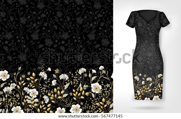 Cute pattern in small simple flowers. Seamless\
background and seamless border on different file layers. An example\
of the pattern of the dress mock up. Vector illustration. Gold and\
white on black