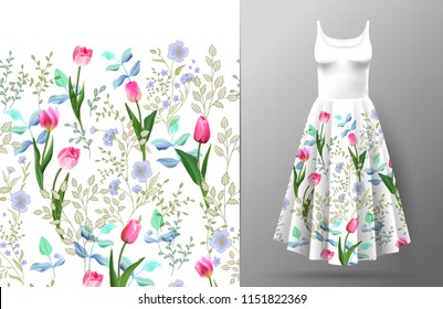 Cute pattern in small wildflowers and tulips. Seamless background and seamless border. An example of the pattern of the dress mock up. Vector illustration.