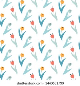 Cute pattern in small wildflowers and tulips. Seamless background and seamless border. Vector illustration.erfect for wallpaper, gift paper, web page background, spring greeting cards