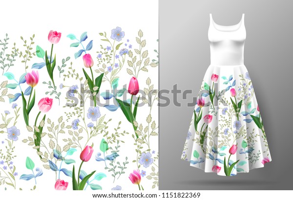 Cute pattern in small wildflowers\
and tulips. Seamless background and seamless border. An example of\
the pattern of the dress mock up. Vector\
illustration.