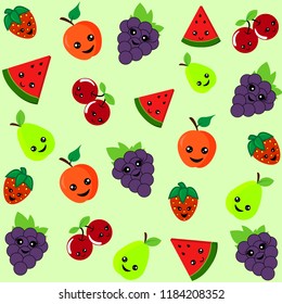 Cute pattern with smiley fruits in cartoon style. Cute and funny texture with fruit characters for kids.