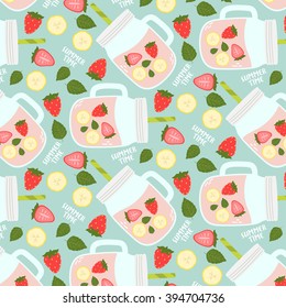 cute pattern with smoothies, strawberries, banana and mint leaves on pastel blue background. can be used like pattern for textile, wrapping paper, greeting cards etc