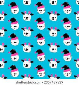 Cute pattern with snowman face and reindeer face. Vector seamless pattern with kawaii snowman and reindeer on blue background. Christmas print for packaging