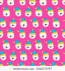 Cute pattern with snowman face. Vector seamless pattern with kawaii snowman on pink background. Christmas print for packaging