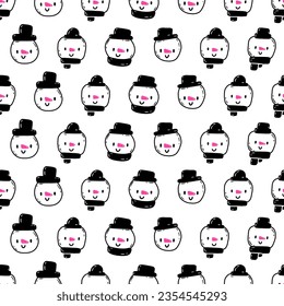 Cute pattern with snowman face. Vector seamless pattern with kawaii snowman on white background. Christmas print for packaging
