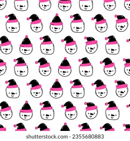 Cute pattern with snowman face. Vector seamless pattern with kawaii snowman on white background. Christmas print for packaging