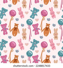 Cute pattern with soft toys and balls. Can be used for the design of fabric print, wrapping paper, or romantic greeting cards.
