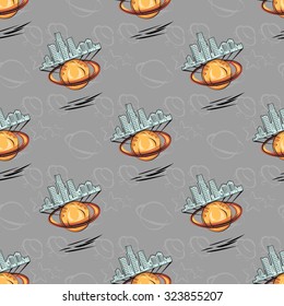 Cute pattern with spaceship and town on the planet