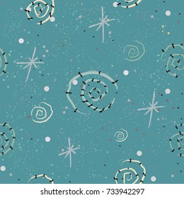 Cute Pattern with spirals on teal background with tiny dots. Hand Drawn Design. Great for wall art design, gift paper, wrapping, fabric, textile, etc.Vector Illustration.