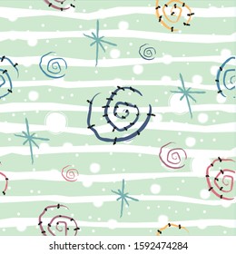 Cute Pattern with spirals with pastel blue stripes on beige background with tiny dots. Hand Drawn Design. Great for wall art design, gift paper, wrapping, fabric, textile, etc.