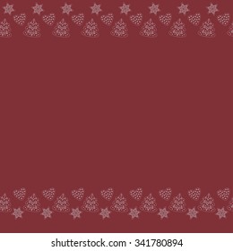Cute pattern with star, heart and christmas tree cookies silhouette on the red background. Christmas and Happy New Year decoration symbol concept. Border frame with space for text. Vector illustration