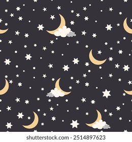 Cute pattern of starry sky, moon and clouds on dark blue background, seamless fabric print