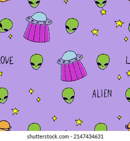 Cute pattern with stars, aliens, ufo in space. Violet paper for scrapbooking doodle cosmos.