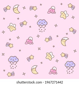 Patrón lindo con estrellas, corazones, nubes y la luna en un fondo rosado.
