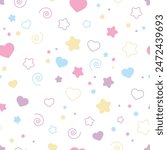 Cute pattern with stars and hearts. Night sky in pastel colors. Vector background for baby and kids design.