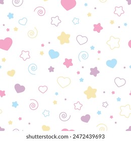 Cute pattern with stars and hearts. Night sky in pastel colors. Vector background for baby and kids design.