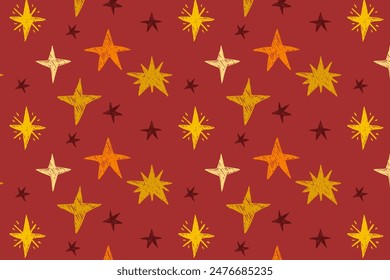 Cute pattern with stars in retro hand drawn style. Basic stars icons in repeatable print. Perfect for web. Children art.  