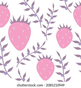 Cute pattern with strawberries, berries, leaves and hearts. Delicate pink and white background for textiles, wallpapers.