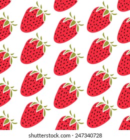 Cute pattern with strawberries, green leaves on a beige background