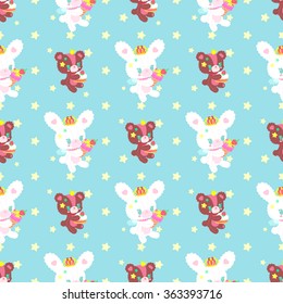 Cute pattern in the style of Lolita with teddy bears and bunny on a blue background.