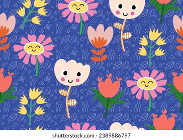 Cute pattern summer flowers, meadow grasses and spring herbs. Seamless natural background.