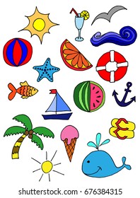 Cute pattern with summer symbols. sun, cocktail, sea. hand-drawn illustration