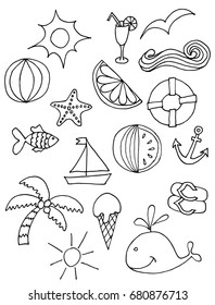 Cute pattern with summer symbols. sun, cocktail, sea. hand-drawn illustration