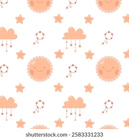 Cute pattern with sun, clouds and funny stars for children
