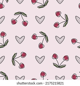 Patrón lindo con cerezas de borgoña dulce y corazones negros sobre fondo rosado para el diseño de textiles, ropa de cama, ropa de niño, papel de envoltura.