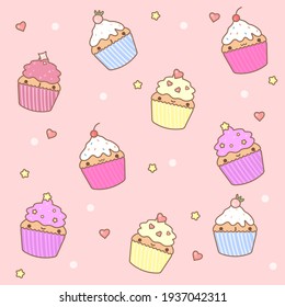 Cute pattern with sweet cupcakes on a pink background
