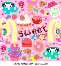 Cute pattern with sweets and fun girl. Suitable for greetings, children design and Valentine's Day!