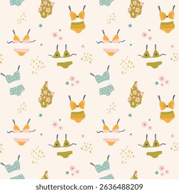 Cute pattern with swimming suits and bikinis. Vector illustration. Design for wallpaper, wrapping paper, clothing, cards and invitations. Vintage hand drawn art.