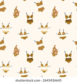 Leuk patroon met zwempakken en bikini's. Vectorillustratie. Ontwerp voor behang, inpakpapier, kleding, kaarten en uitnodigingen. Vintage handgetekende kunst.